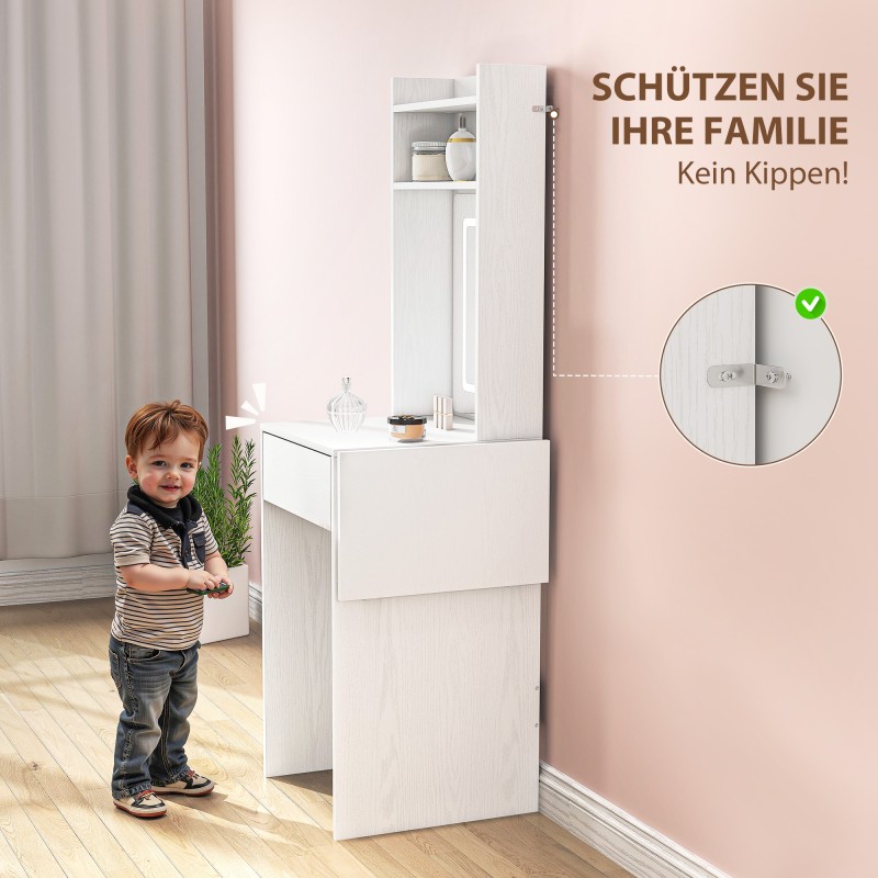 Meikkipöytä LED-peilillä, taittuva sivutaso, hyllyt ja laatikko, MDF/lastulevy, valkoinen