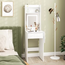 Meikkipöytä LED-peilillä, taittuva sivutaso, hyllyt ja laatikko, MDF/lastulevy, valkoinen