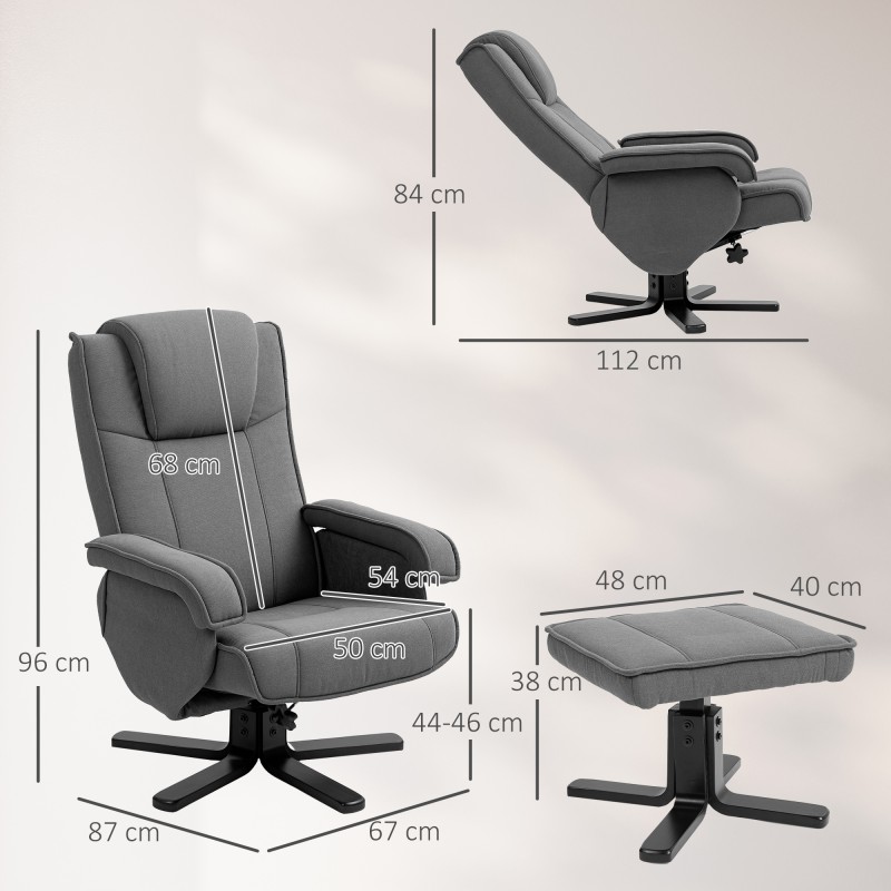 Keinutuoli ja rahi, kallistuva ja pyörivä lepotuoli, samettimainen kangas, puurunko, tummanharmaa