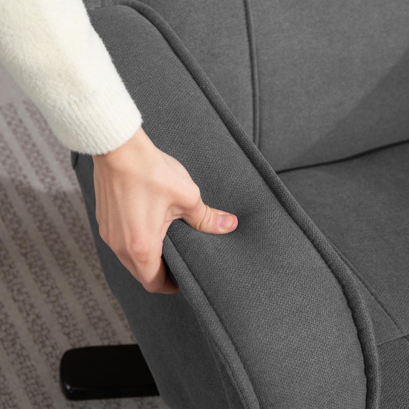 Keinutuoli ja rahi, kallistuva ja pyörivä lepotuoli, samettimainen kangas, puurunko, tummanharmaa