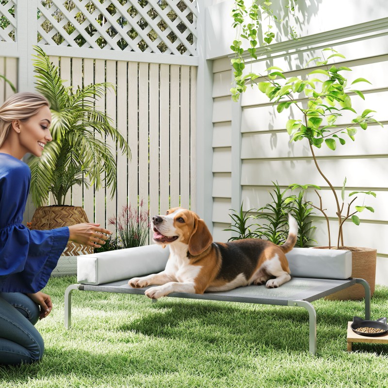 Korotettu koiran ulkosänky keskikokoisille koirille, verkkokangas, 110 x 75 x 30 cm, vaaleanharmaa