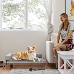 Korotettu koiran ulkosänky keskikokoisille koirille, verkkokangas, 110 x 75 x 30 cm, vaaleanharmaa