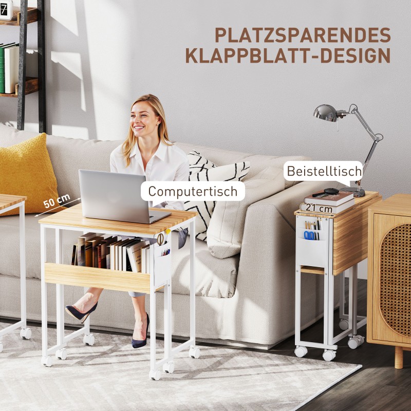 Taitettava työpöytä ja sivupöytä, avoin hylly, pyörillä, MDF-teräs, 63x50x75 cm, luonnonpuu/valkoinen