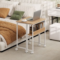 Taitettava työpöytä ja sivupöytä, avoin hylly, pyörillä, MDF-teräs, 63x50x75 cm, luonnonpuu/valkoinen