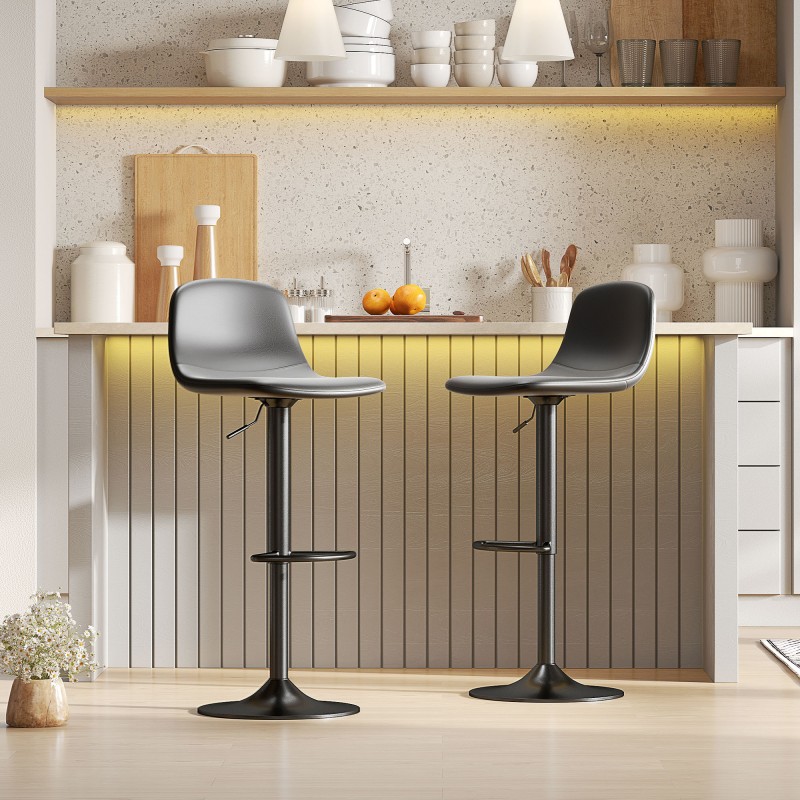 Baarituoli säädettävä 2 kpl, keinonahka, pyörivä, selkänojalla ja jalkatuella, musta