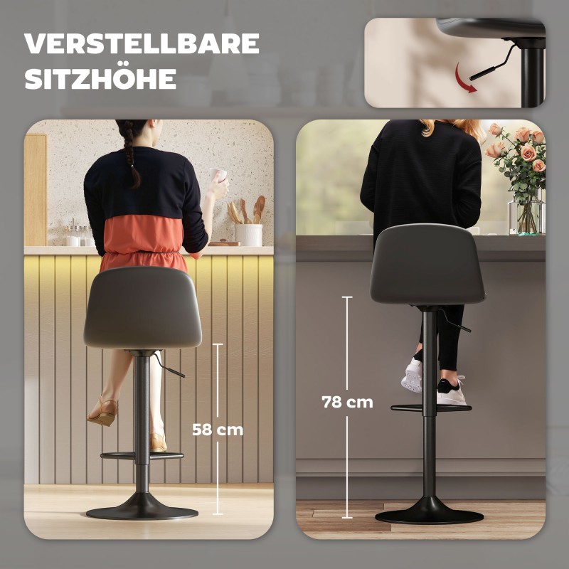 Baarituoli säädettävä 2 kpl, keinonahka, pyörivä, selkänojalla ja jalkatuella, musta