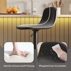 Baarituoli säädettävä 2 kpl, keinonahka, pyörivä, selkänojalla ja jalkatuella, musta