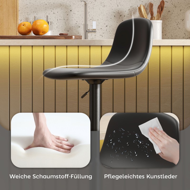 Baarituoli säädettävä 2 kpl, keinonahka, pyörivä, selkänojalla ja jalkatuella, musta