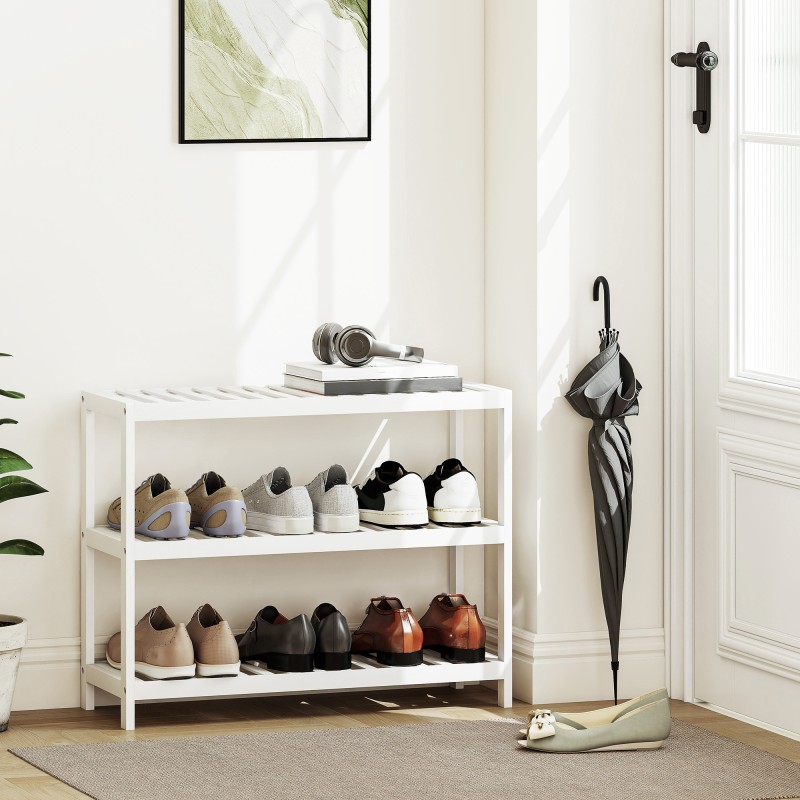 Kolmitasoinen bambuhylly eteiseen, kenkähylly ja säilytyshylly 70 x 26 x 55 cm, valkoinen