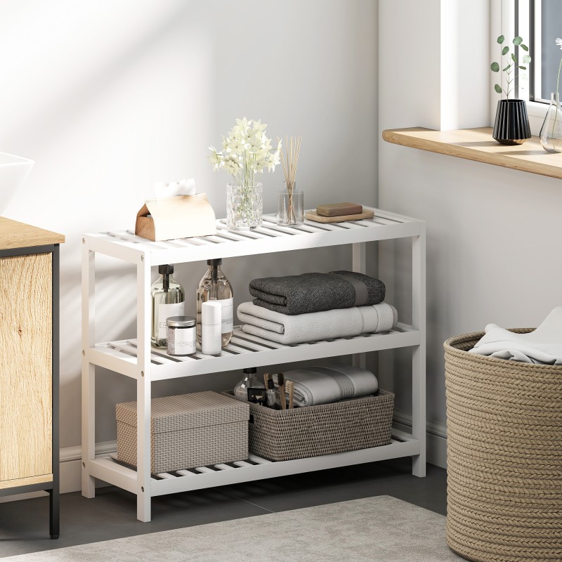 Kolmitasoinen bambuhylly eteiseen, kenkähylly ja säilytyshylly 70 x 26 x 55 cm, valkoinen