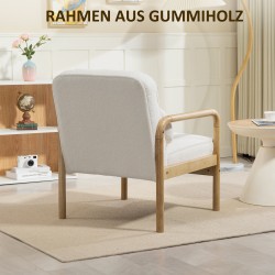 Nojatuoli kumipuurunkoisella kehyksellä, bouclé-verhoilu, pehmustettu istuin ja tyyny, valkoinen/naturaalipuu