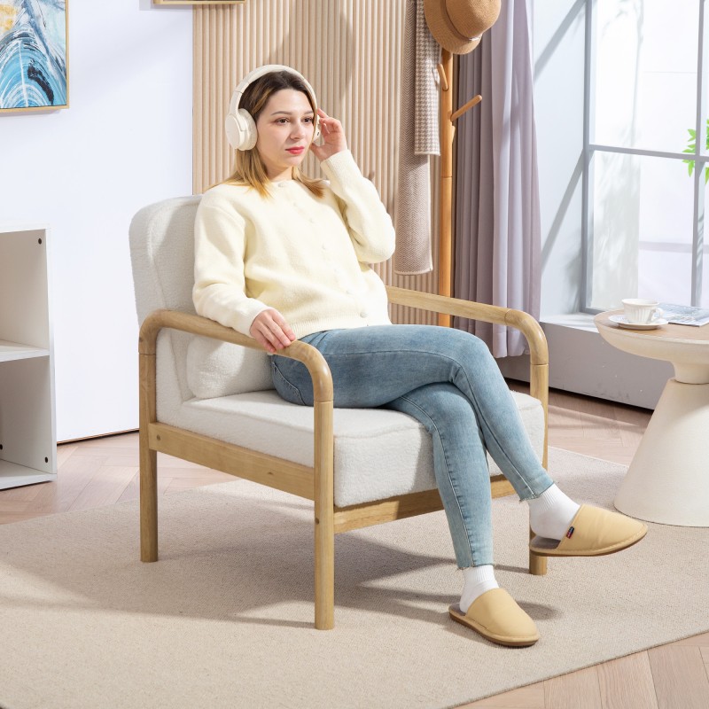 Nojatuoli kumipuurunkoisella kehyksellä, bouclé-verhoilu, pehmustettu istuin ja tyyny, valkoinen/naturaalipuu