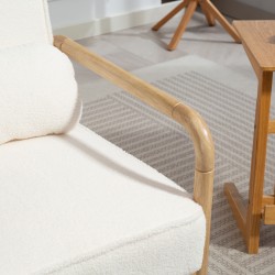 Nojatuoli kumipuurunkoisella kehyksellä, bouclé-verhoilu, pehmustettu istuin ja tyyny, valkoinen/naturaalipuu