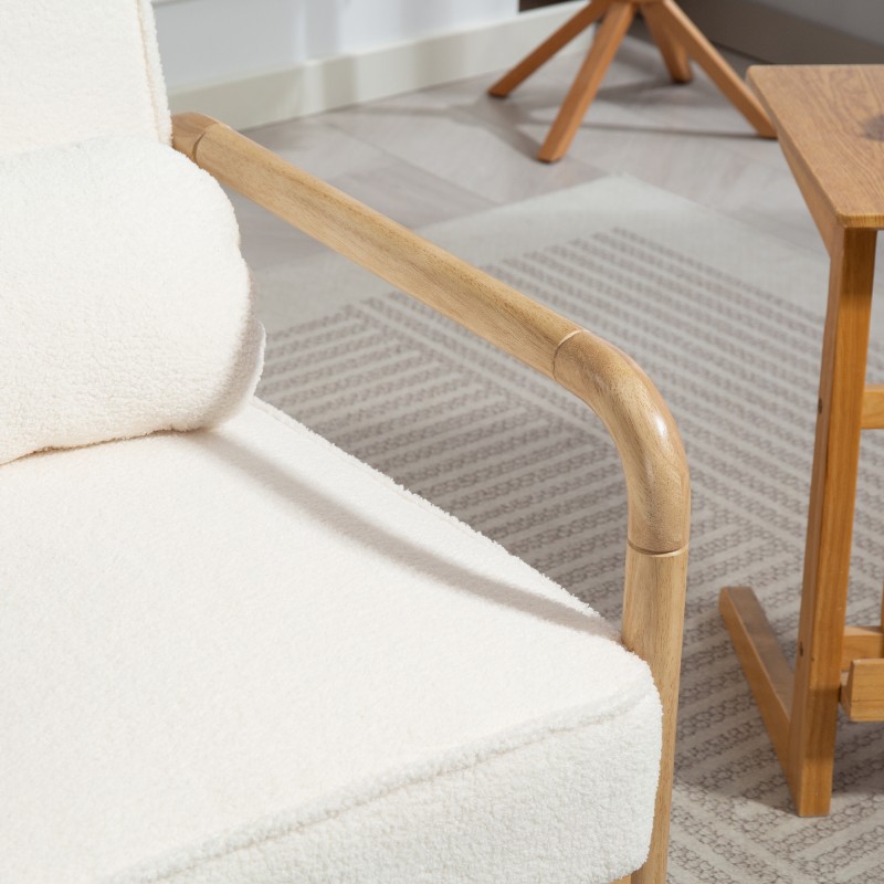Nojatuoli kumipuurunkoisella kehyksellä, bouclé-verhoilu, pehmustettu istuin ja tyyny, valkoinen/naturaalipuu