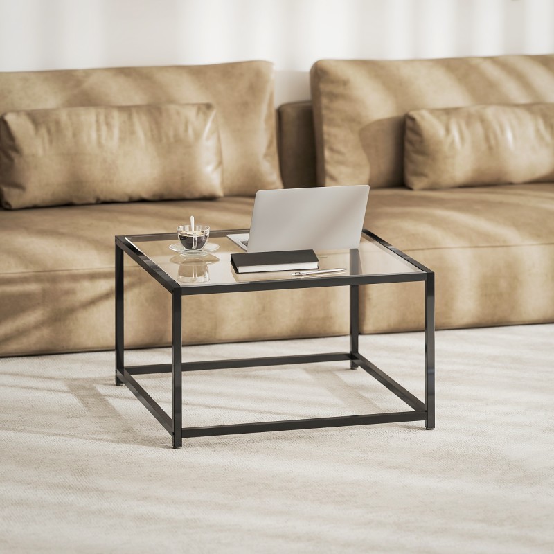 Sohvapöytä / yöpöytä karkaistulla lasikannella, teräsrunko 68 x 68 x 39 cm, musta