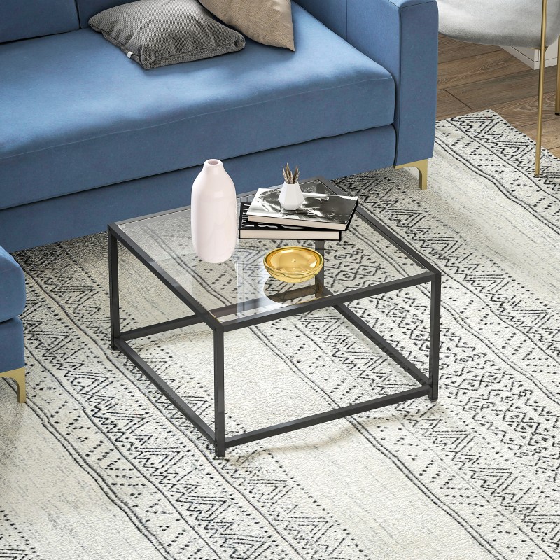 Sohvapöytä / yöpöytä karkaistulla lasikannella, teräsrunko 68 x 68 x 39 cm, musta