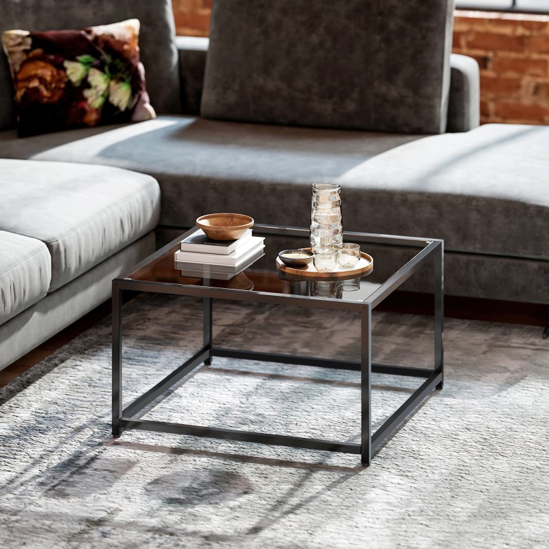 Sohvapöytä / yöpöytä karkaistulla lasikannella, teräsrunko 68 x 68 x 39 cm, musta