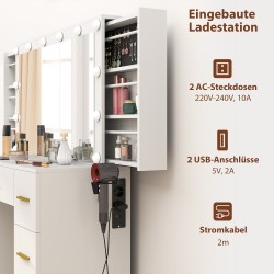 Meikkipöytä peilillä ja 12 LED-valolla, 7 laatikkoa, 6 piilolokeroa, lastulevy, valkoinen