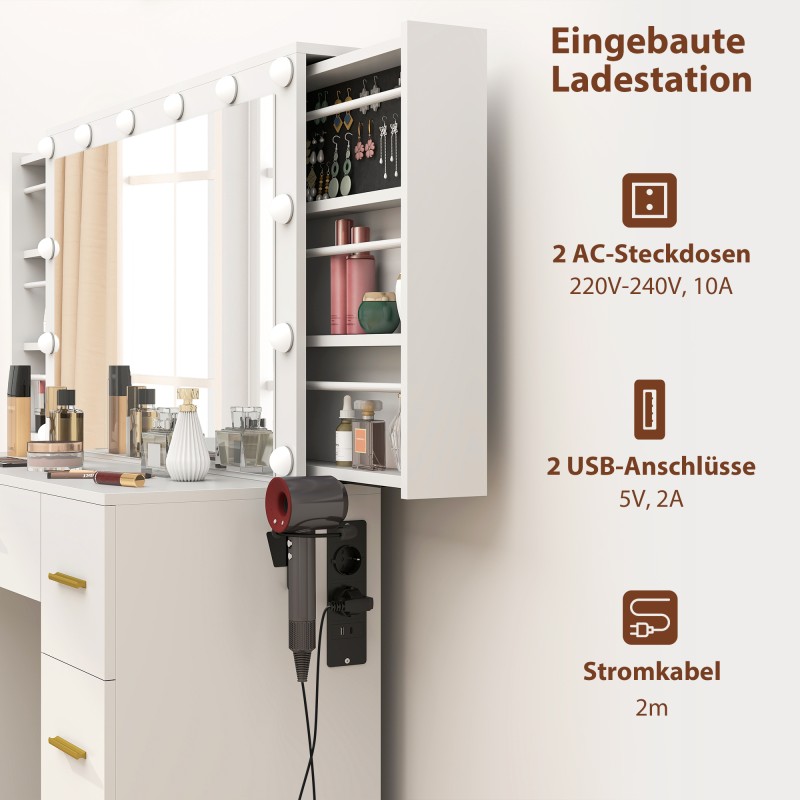 Meikkipöytä peilillä ja 12 LED-valolla, 7 laatikkoa, 6 piilolokeroa, lastulevy, valkoinen