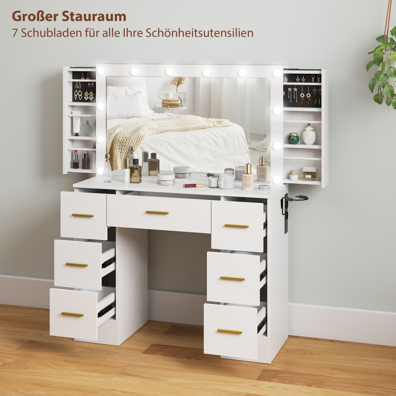 Meikkipöytä peilillä ja 12 LED-valolla, 7 laatikkoa, 6 piilolokeroa, lastulevy, valkoinen
