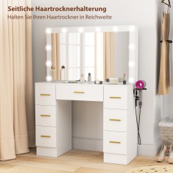 Meikkipöytä peilillä ja 12 LED-valolla, 7 laatikkoa, 6 piilolokeroa, lastulevy, valkoinen