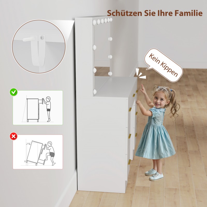 Meikkipöytä peilillä ja 12 LED-valolla, 7 laatikkoa, 6 piilolokeroa, lastulevy, valkoinen