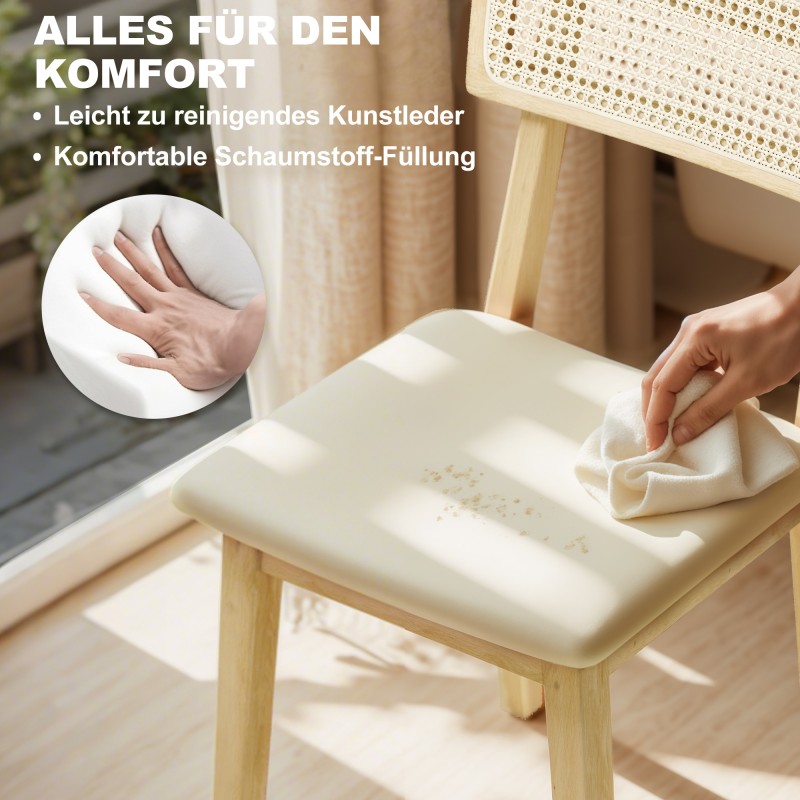 Ruokapöydän tuoli, rottinkiselkänoja, keinonahkainen istuin, kumipuurunko, luonnonpuu/kerma, 1 kpl