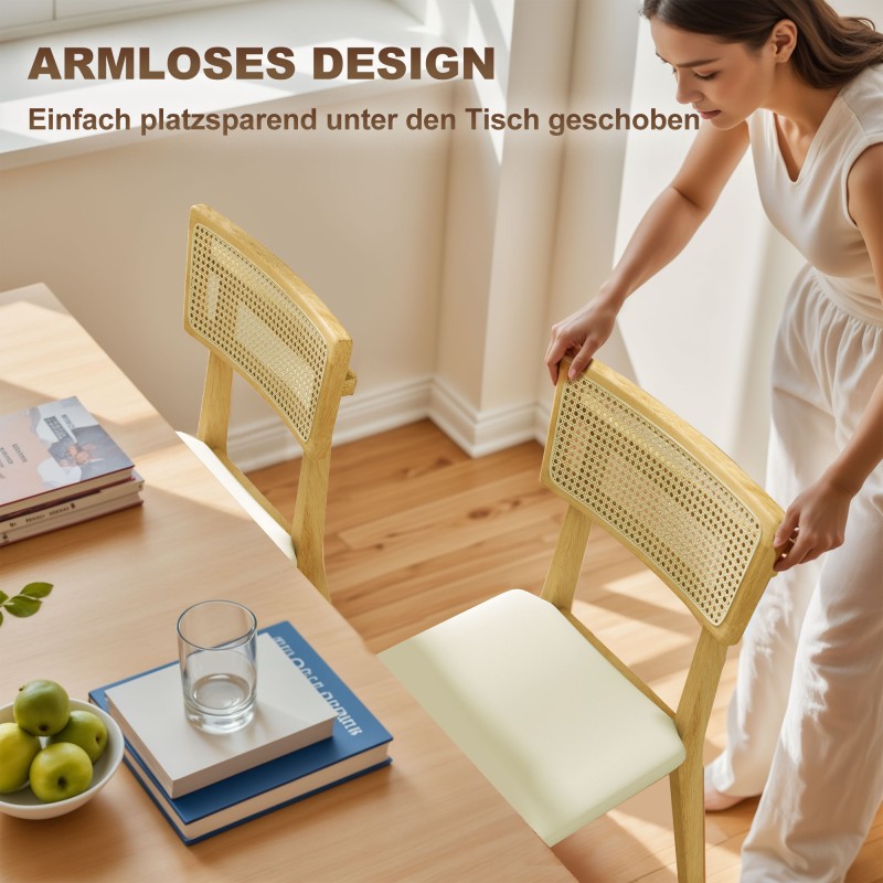 Ruokapöydän tuoli, rottinkiselkänoja, keinonahkainen istuin, kumipuurunko, luonnonpuu/kerma, 1 kpl