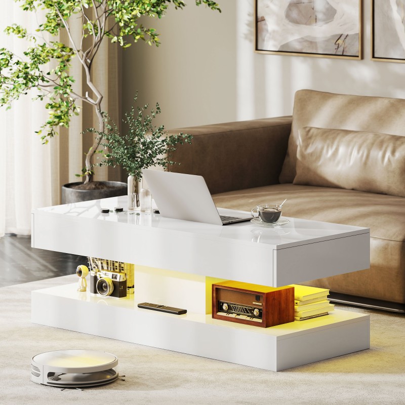 Sohvapöytä laatikoilla ja LED-valaistuksella, lastulevy, 120 x 50 x 42 cm, valkoinen