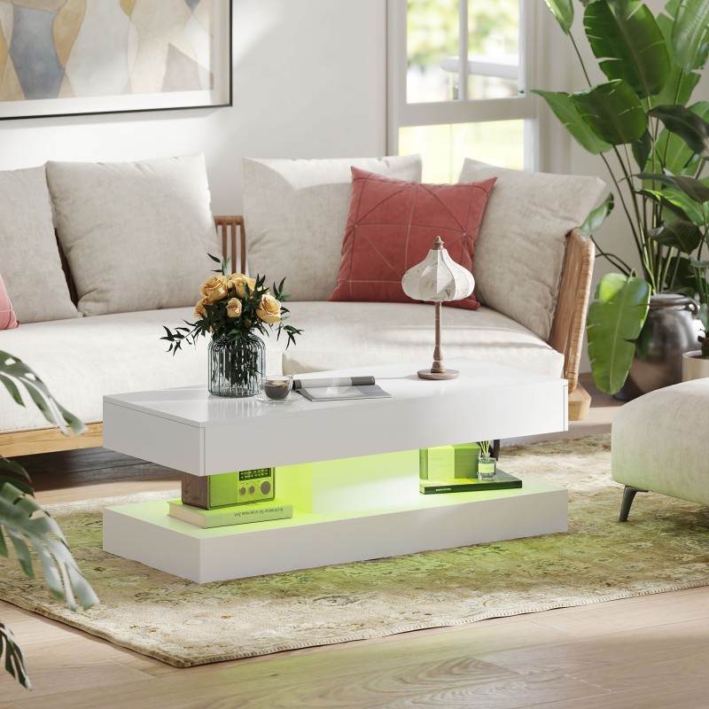 Sohvapöytä laatikoilla ja LED-valaistuksella, lastulevy, 120 x 50 x 42 cm, valkoinen