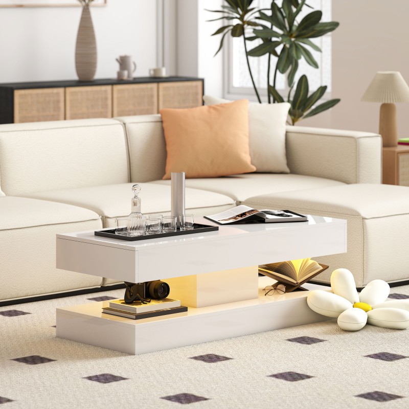 Sohvapöytä laatikoilla ja LED-valaistuksella, lastulevy, 120 x 50 x 42 cm, valkoinen