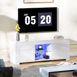 TV-taso olohuoneeseen LED-valaistuksella, 2 kaappia, lasihylly, 120x34x45 cm, valkoinen