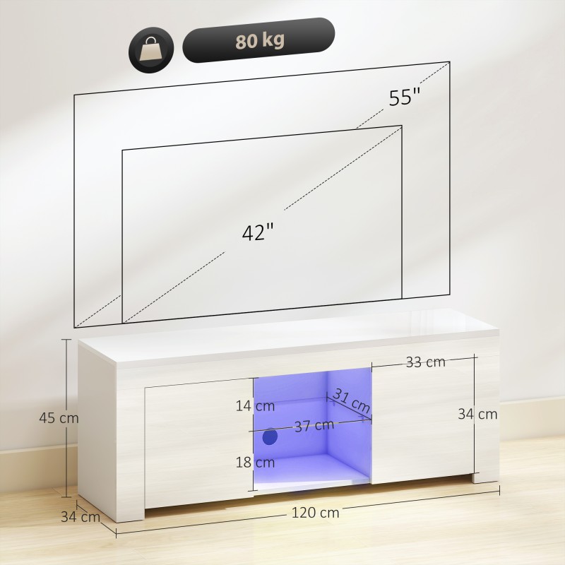 TV-taso olohuoneeseen LED-valaistuksella, 2 kaappia, lasihylly, 120x34x45 cm, valkoinen
