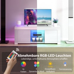 TV-taso olohuoneeseen LED-valaistuksella, 2 kaappia, lasihylly, 120x34x45 cm, valkoinen