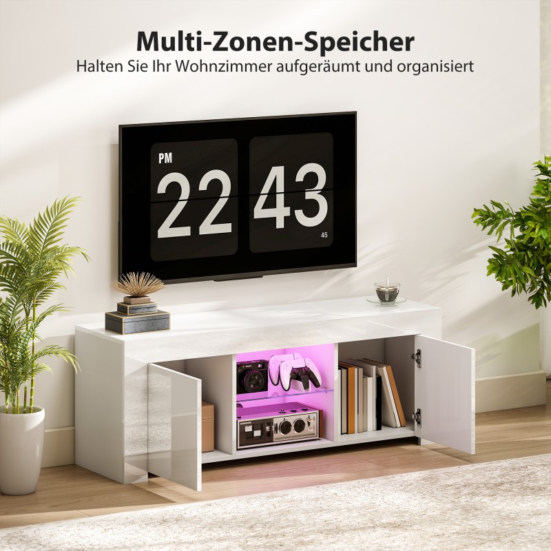 TV-taso olohuoneeseen LED-valaistuksella, 2 kaappia, lasihylly, 120x34x45 cm, valkoinen