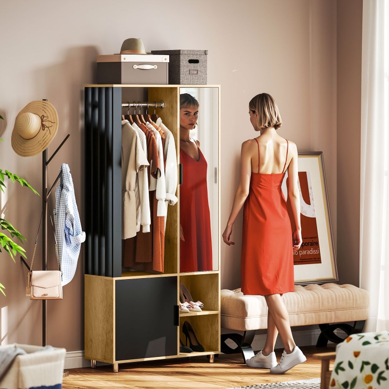 Vaatekaappi peilillä ja vaatetangolla, hyllyt ja avoimet lokerot, 80x30x175 cm, musta/luonnonpuu