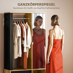 Vaatekaappi peilillä ja vaatetangolla, hyllyt ja avoimet lokerot, 80x30x175 cm, musta/luonnonpuu