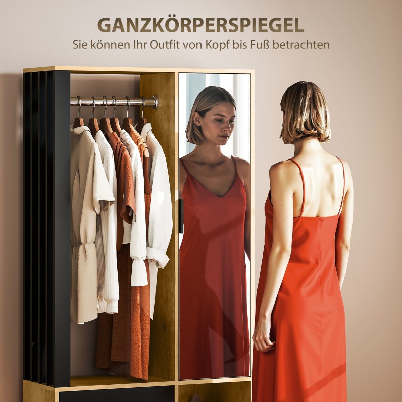 Vaatekaappi peilillä ja vaatetangolla, hyllyt ja avoimet lokerot, 80x30x175 cm, musta/luonnonpuu