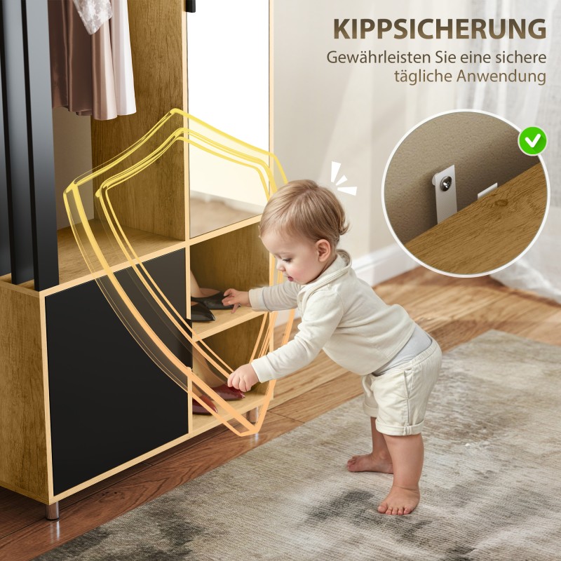 Vaatekaappi peilillä ja vaatetangolla, hyllyt ja avoimet lokerot, 80x30x175 cm, musta/luonnonpuu