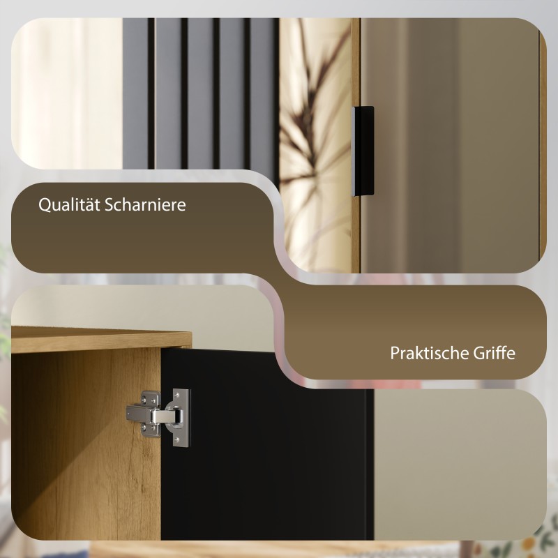 Vaatekaappi peilillä ja vaatetangolla, hyllyt ja avoimet lokerot, 80x30x175 cm, musta/luonnonpuu