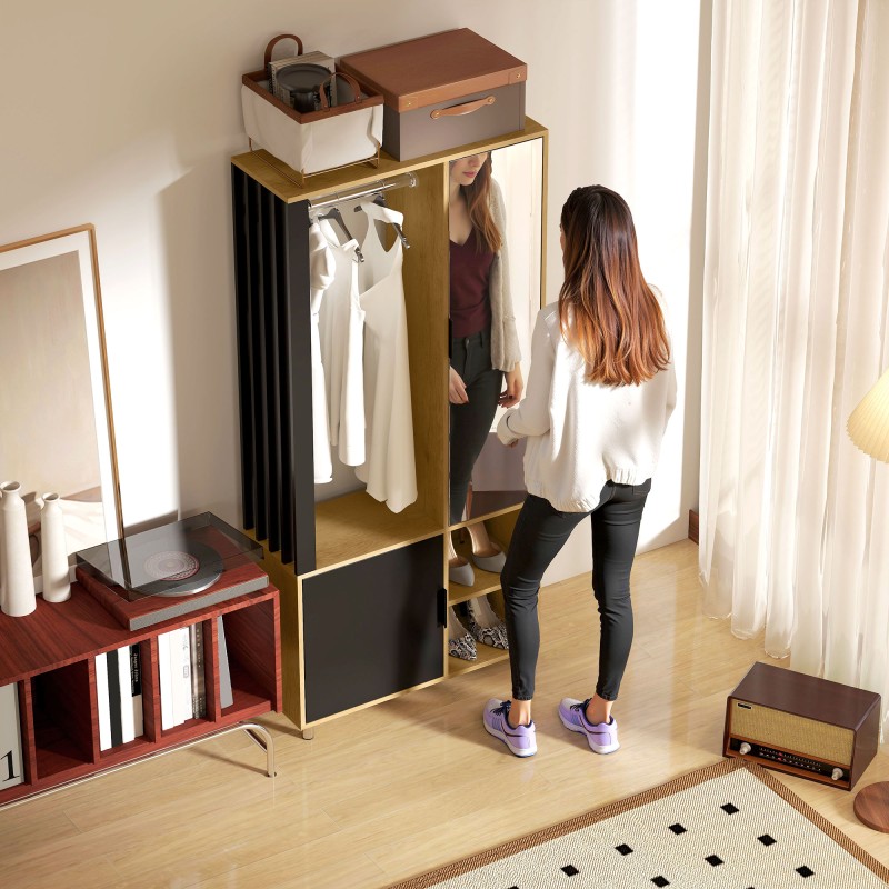 Vaatekaappi peilillä ja vaatetangolla, hyllyt ja avoimet lokerot, 80x30x175 cm, musta/luonnonpuu