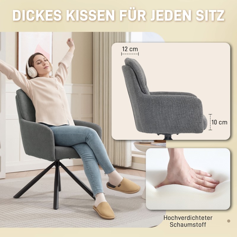 Ruokapöydän tuoli käsinojilla, paksu pehmustus, 360° kääntyvä, metallijalat, harmaa