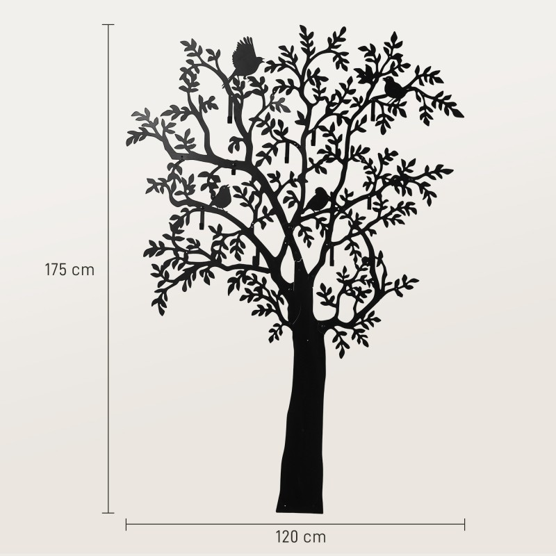 Seinänaulakko 8 koukkua puu- ja lintukuvio metallia 120x5x175 cm musta