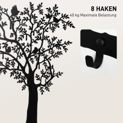 Seinänaulakko 8 koukkua puu- ja lintukuvio metallia 120x5x175 cm musta