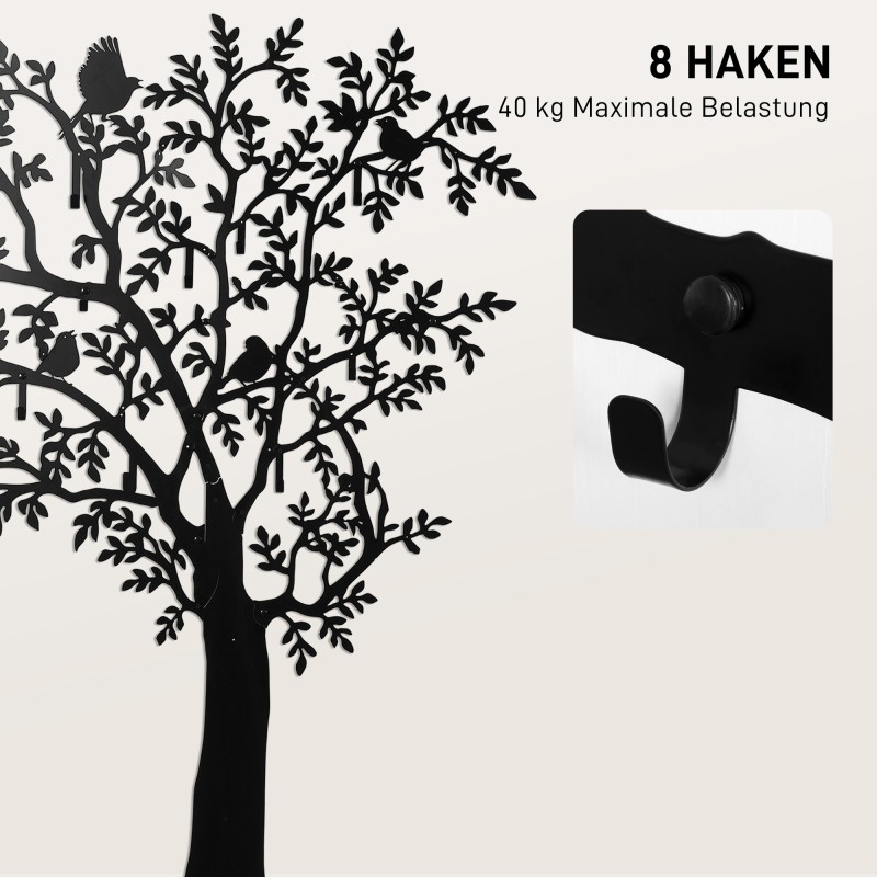 Seinänaulakko 8 koukkua puu- ja lintukuvio metallia 120x5x175 cm musta