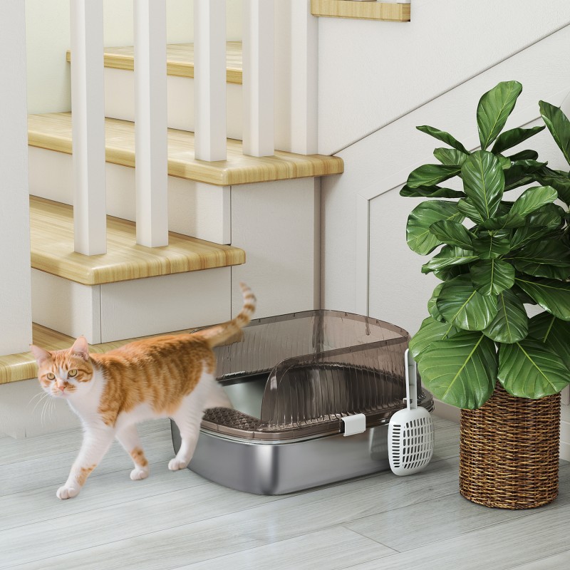 Kissanvessa suurille kissoille, ruostumaton teräs, korkea reuna, kauha, 53 x 42 x 27 cm, tummanharmaa