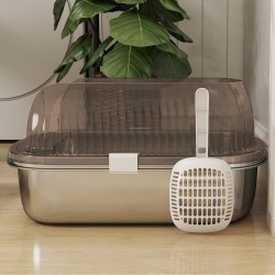 Kissanvessa suurille kissoille, ruostumaton teräs, korkea reuna, kauha, 53 x 42 x 27 cm, tummanharmaa