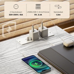 Työpöytä / keittiöpöytä hyllyillä ja 3 kangaslaatikolla, 2 pistorasiaa, 2 USB-porttia, 120x40x76 cm, valkoinen