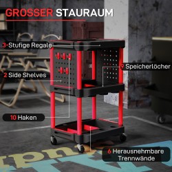 Työkalukärry 3 hyllyä muovia 4 pyörää 10 koukkua musta/punainen