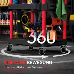 Työkalukärry 3 hyllyä muovia 4 pyörää 10 koukkua musta/punainen